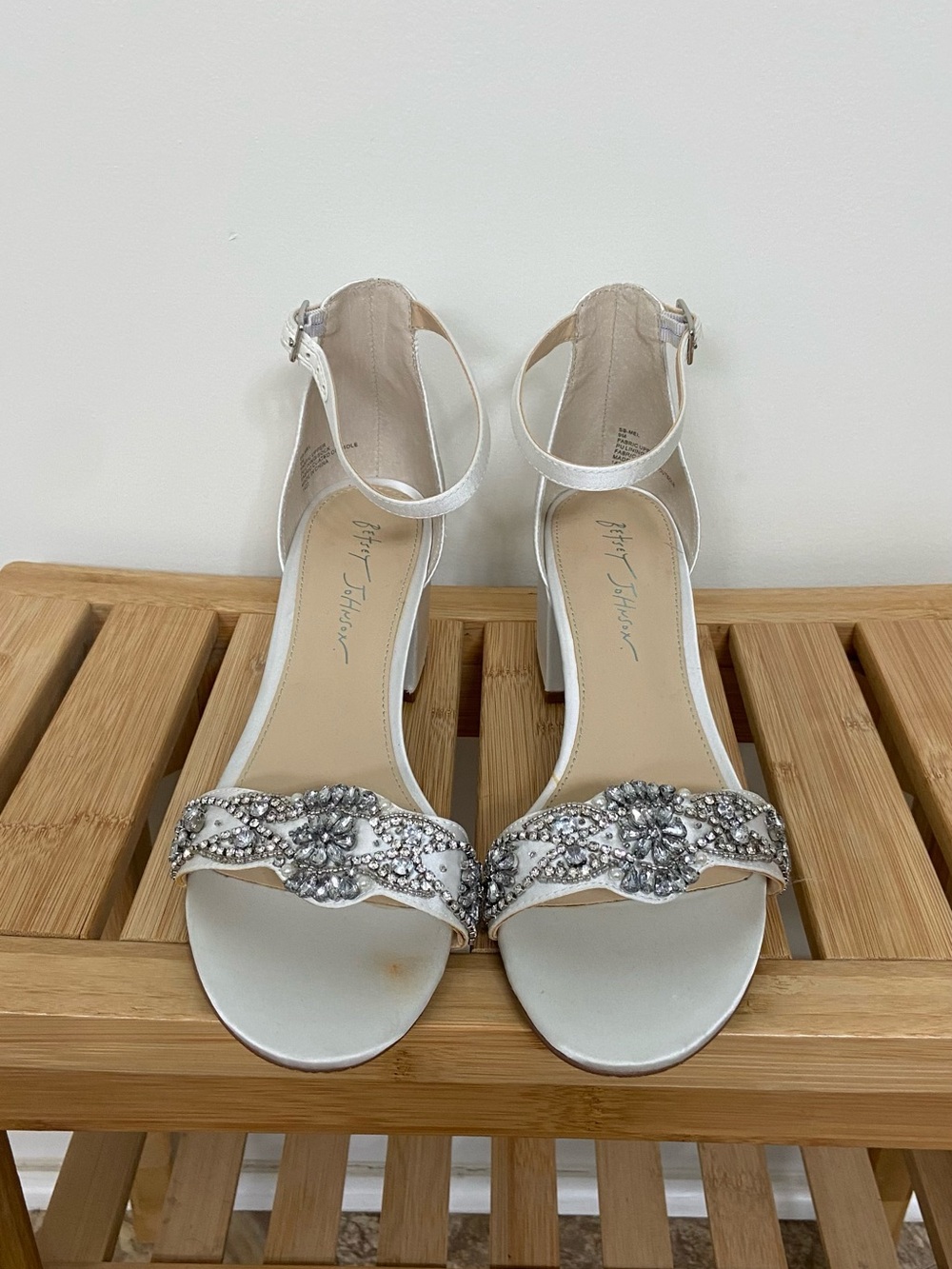 Betsey Johnson White Rhinestone Ankle-Strap Block Heels